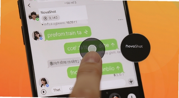 NovaShot软件悬浮球按钮悬浮在安卓手机屏幕边缘,手指轻触悬浮球触发截图动作,手机界面显示社交聊天窗口,背景为温暖的橙色渐变区域,画面细节丰富,体现快捷截图功能