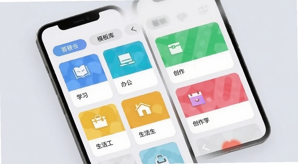 答构多场景模板库界面,手机屏幕展示分类清晰的模板卡片,包括学习、办公、生活、创作四个标签页,卡片带有彩色图标和简短文字说明,背景为柔和的浅灰色,整体风格清爽有序