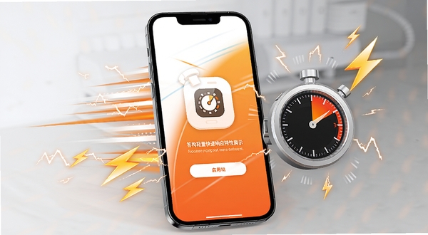 答构轻量快速响应特性展示,手机屏幕显示应用启动画面与秒表图标,周围有速度线条和闪电元素,背景为白色与橙色渐变,突出快速流畅的使用体验