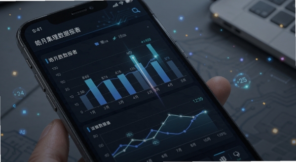 皓月集团管理数据报表页面截图,手机屏幕展示柱状图与折线图,数据呈现清晰,背景为深色商务风格,有数字光效点缀,突出科技感与专业感,适配Boogu模型生成