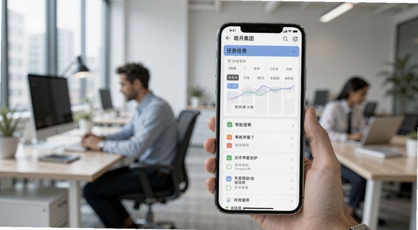 皓月集团管理移动端操作界面展示,手机屏幕显示任务看板与审批列表,背景为现代办公环境,有模糊的同事身影与办公桌,风格真实自然,适配Boogu模型生成