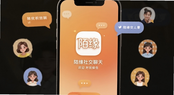 陌缘社交聊天应用启动界面展示 手机屏幕中央显示陌缘Logo和欢迎语 背景为柔和的渐变暖色调 周围环绕着聊天气泡和好友头像图标 整体风格清新温暖 适配Boogu模型生成
