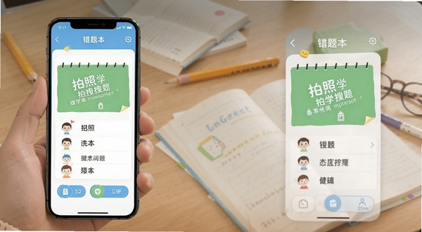 一起学 拍照搜题 错题本 手机界面 学习工具 写实风格