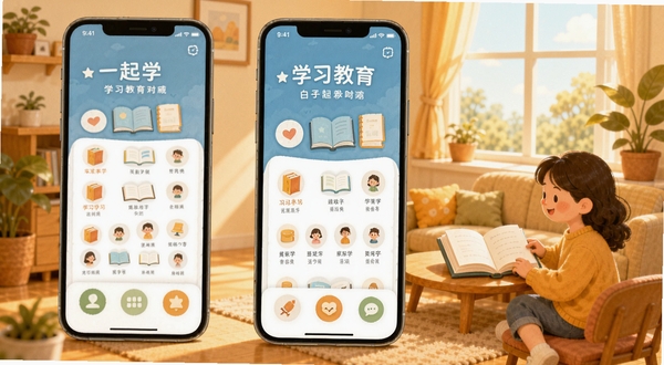 一起学 学习教育 手机应用 主界面 功能全貌 温馨学习场景 插画风格