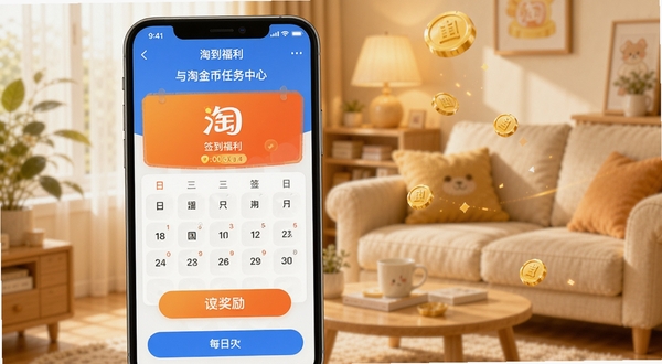 一淘签到福利与淘金币任务中心界面,手机屏幕显示签到日历与金币奖励动画,背景为温馨的居家环境,色调温暖明亮,突出每日福利的吸引力