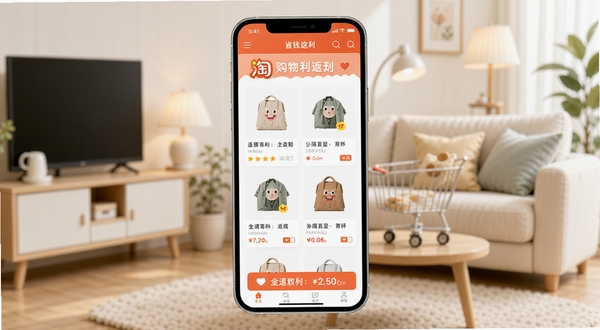 一淘购物返利APP主界面展示,手机屏幕中央显示商品列表与返利金额,背景为温馨家居购物场景,色彩明亮清新,整体风格现代简约,突出省钱购物氛围