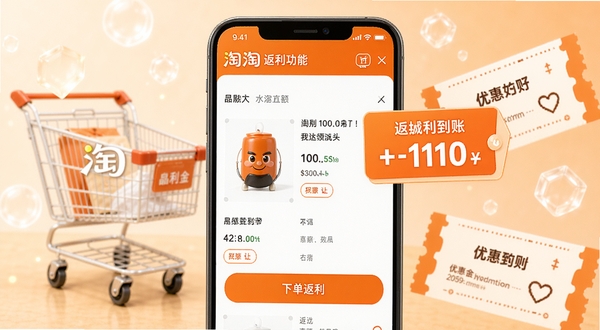 一淘下单返利功能展示,手机屏幕显示商品详情页与返利金额标签,背景为淘宝购物车与优惠券元素,整体色调以橙色和白色为主,突出返利到账的喜悦感