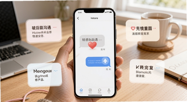破镜重圆软件功能界面展示,手机屏幕中呈现对话气泡与心形图标,周围环绕柔和的文字卡片,背景是简约的书桌场景,画面明亮温馨,体现情感沟通与修复主题。