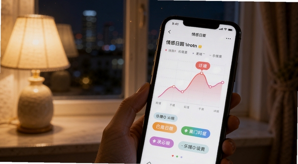 破镜重圆应用内的情感日记界面,手机屏幕显示心情曲线图与彩色标签,背景是夜晚窗台与暖灯,画面安静柔和,突出记录与自我反思的氛围。