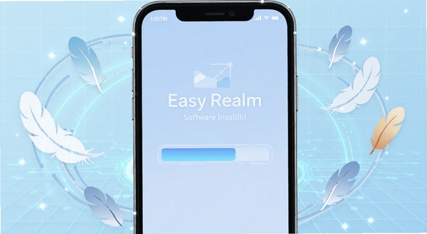 Easy Realm 软件安装界面示意图,画面展示手机屏幕上正在安装的进度条,周围环绕轻量化的羽毛与羽毛状图标,背景为淡蓝色科技感网格,突出轻便与快速的特点