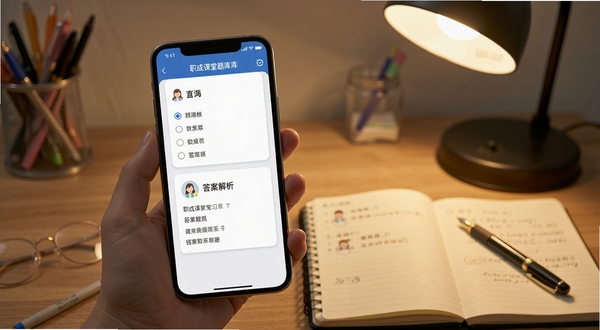 职成课堂题库练习界面,手机屏幕显示单选题与答案解析卡片,背景为书桌与笔记本文具,暖色台灯光线,写实风格