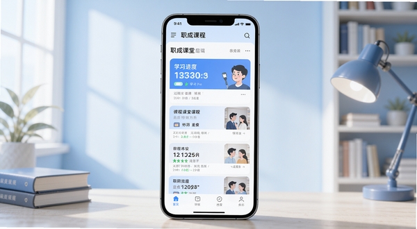 职成课堂手机端首页课程列表与学习进度卡片展示,画面中央为竖屏手机界面,背景为浅蓝色渐变书房环境,柔和光线,扁平化UI风格