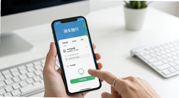 共享单车骑车随行 操作教程示意图 手机屏幕展示权限设置与扫码步骤 背景为简洁办公桌面 画面主体为手指点击手机屏幕 风格清晰直观