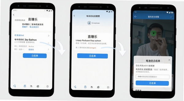 喜赚乐安卓手机安装与权限设置步骤示意图,手机屏幕分步展示权限开启界面与电池优化白名单设置,背景为干净的浅灰色,突出操作指引的清晰性