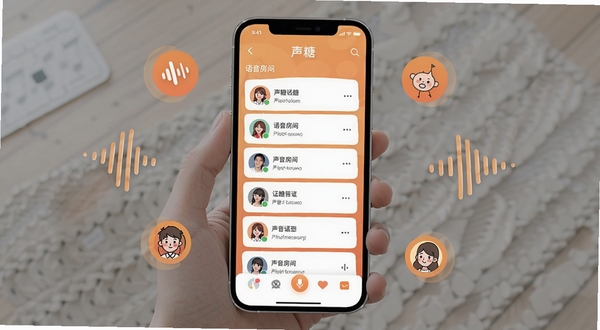 声糖app主界面展示,手机屏幕中央呈现语音房间列表,背景为温暖橙色调,周围环绕声波图标与用户头像,整体风格清新简约,突出声音社交主题