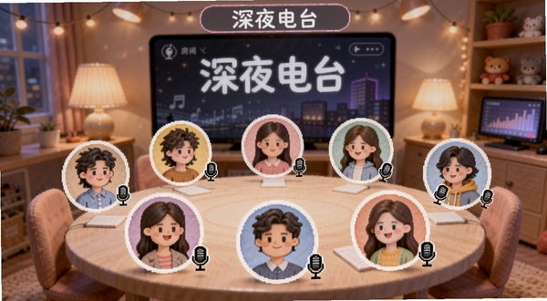 声糖语音房间场景,多个用户头像环绕在虚拟圆桌旁,每人头像旁有麦克风图标,背景是温馨的直播间风格,屏幕上方显示房间主题“深夜电台”,整体氛围轻松愉快