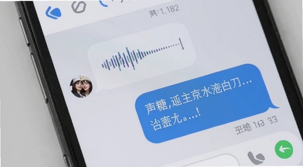 声糖私信聊天界面,手机屏幕显示对话气泡,其中一条是语音消息带波形,另一条是文字消息,背景为浅灰色,界面干净整洁,突出私密交流场景