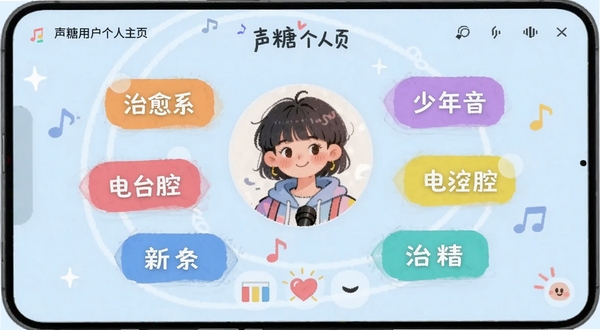 声糖用户个人主页,展示声音标签选择界面,多个彩色标签如“治愈系”“少年音”“电台腔”悬浮在头像周围,背景是淡蓝色,整体风格年轻活泼