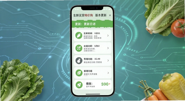 生鲜买菜特价购版本更新页面,手机屏幕显示更新日志列表与新增功能图标,背景为简约科技感线条与生鲜元素融合,适配Boogu模型生成