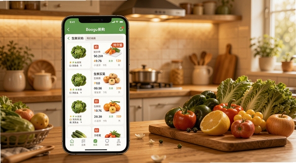 生鲜买菜特价购应用界面全景展示,画面中央为手机屏幕显示生鲜商品列表与特价标签,背景区域为温馨家庭厨房场景,暖色调光线,突出新鲜蔬菜水果的色泽质感,整体风格清新生活化,适配Boogu模型生成