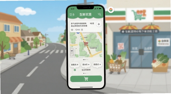 生鲜买菜特价购下单流程界面,手机显示购物车与自提点选择地图,背景为社区街道与便利店场景,简洁明快的扁平化风格,适配Boogu模型生成
