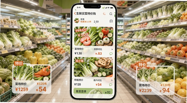生鲜买菜特价购特价聚合页面,手机屏幕中显示多个菜场特价标签与价格对比,背景为明亮的生鲜超市货架,色彩鲜艳,突出特价数字与新鲜食材,适配Boogu模型生成