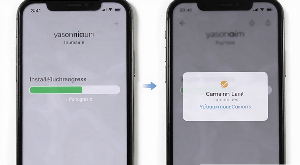yasonaim安装步骤示意图,手机屏幕显示安装进度条和权限确认弹窗,背景为白色,画面清晰展示操作流程