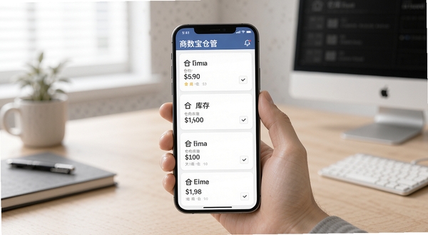 商数宝仓管 多仓库管理界面 画面展示手机屏幕上的多个仓库卡片列表 每个卡片显示仓库名称和库存数量 背景为简约办公桌面 柔和光线