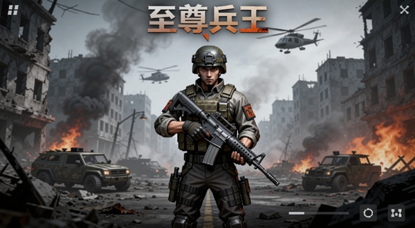 至尊兵王游戏主界面,画面中央是持枪士兵角色站在废墟战场中,背景为硝烟弥漫的城市街道与远处直升机轮廓,整体色调偏冷灰与橙红火光交织,适配Boogu模型生成