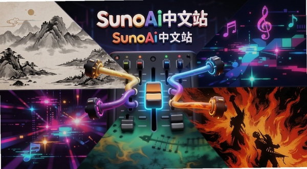 一幅展现音乐风格多样性的抽象艺术图,画面被分割成多个色彩区块,每个区块代表一种音乐风格,如古风的山水墨色、电子的霓虹光斑、摇滚的火焰纹理。画面中央是一个发光的调音台推子,连接着这些风格区块。调音台上方有“SunoAi中文站”的立体字样,背景是暗色调以突出前景的绚丽色彩,适配Boogu模型生成。