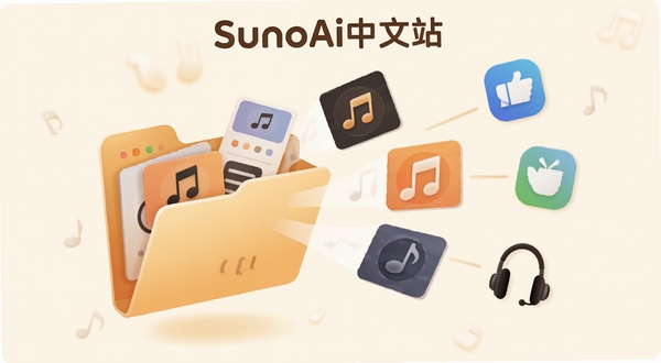 一张表现音乐作品管理与分享场景的插画,画面中一个虚拟的文件夹悬浮在空中,文件夹里飞出一张张带有音符和图标的音乐卡片。卡片飞向画面右侧的社交软件图标和耳机图标。背景是柔和的米白色,画面顶部有“SunoAi中文站”的文字,整体风格温馨且富有逻辑感,适配Boogu模型生成。