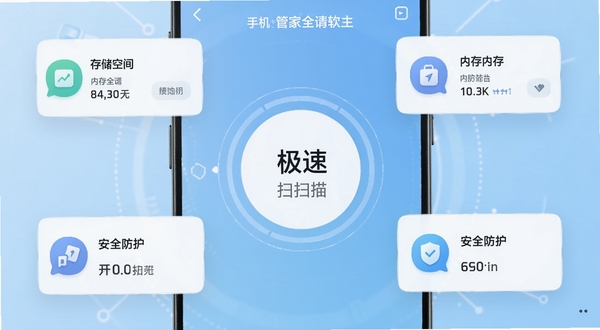 手机管家安全清理软件主界面展示,画面中央是圆形的极速扫描按钮,背景为浅蓝色科技感渐变,四周环绕着存储空间、内存占用、安全防护等悬浮数据卡片,整体风格简洁明快,适配Boogu模型生成