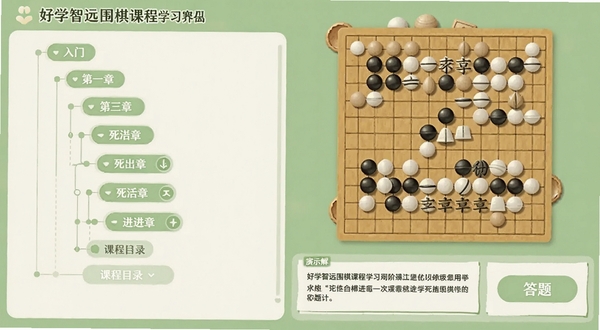 ��ѧ��ԶΧ��γ�ѧϰ���棬�������Ϊ�γ�Ŀ¼��״�б���ʾ�����ŵ����׵��½����ƣ��Ҳ�Ϊ������ʾ����չʾһ�������⣬�����·������ֽ����ʹ��ⰴť������������µ�ǳ��ɫ���װ�ɫ���䣬ͻ��ѧϰ������רע��