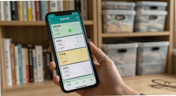 发财日常多账本切换界面,手机屏幕展示多个账本卡片列表,背景为书架与收纳盒场景,体现分类管理的概念
