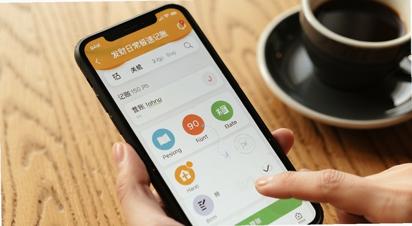 发财日常极速记账功能界面,手机屏幕特写展示记账输入框与分类图标,背景为木质桌面与咖啡杯,画面中有手指点击屏幕的动作,整体色调温暖,体现日常记账场景