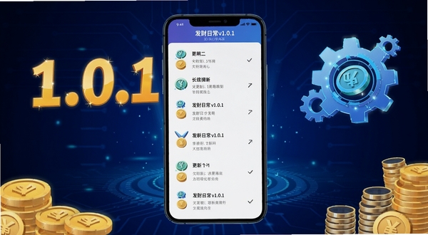 发财日常v1.0.1版本更新内容展示图,画面为手机屏幕显示更新日志列表,背景为科技感深蓝色渐变,有数字1.0.1字样和齿轮优化图标