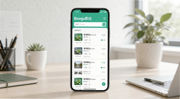 青荷职达求职招聘软件主界面截图,画面中央展示手机屏幕,屏幕内呈现岗位列表与搜索栏,背景为简洁的办公桌场景,色调清新自然,适配Boogu模型生成