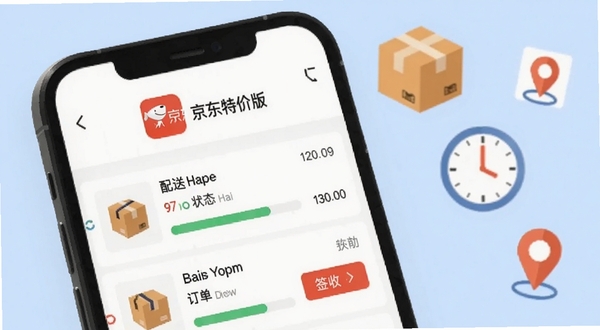 京东特价版应用界面特写,手机屏幕展示订单列表与物流跟踪页面,红色京东特价版图标位于顶部,页面内包含商品缩略图、配送状态条、签收按钮等细节;背景为柔和的浅蓝色,画面右侧漂浮快递盒、时钟、定位图标等元素,整体呈现高效管理订单的氛围,Boogu模型生成,扁平插画风格,适合软件功能介绍配图