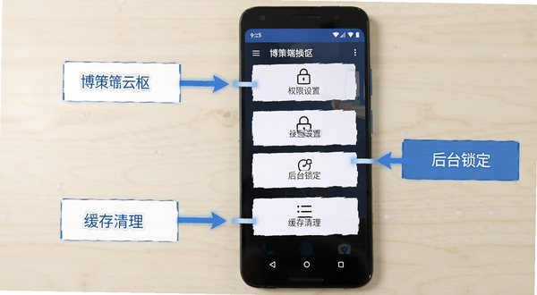 博策云枢移动端操作指引示意图,画面展示一部安卓手机屏幕,上面清晰标注出权限设置、后台锁定、缓存清理三个操作入口,背景为浅色桌面,旁边有箭头和文字说明框,风格简洁实用,帮助用户快速定位设置项