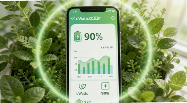 uWatts����ʱ��ؽ���������ҳ�棬����չʾ�ֻ���Ļ�е�ؽ����ٷֱ����ŵ�ѭ������ͼ������Χ������ɫֲ������͹��Σ�������������뻷�������������ɫ��������Ȼ