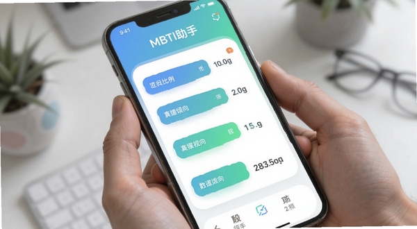 MBTI助手 测评结果页面 四维倾向比例条 手机UI界面 数据可视化 柔和圆角卡片 蓝绿渐变配色 清晰易读 适合Boogu模型生成