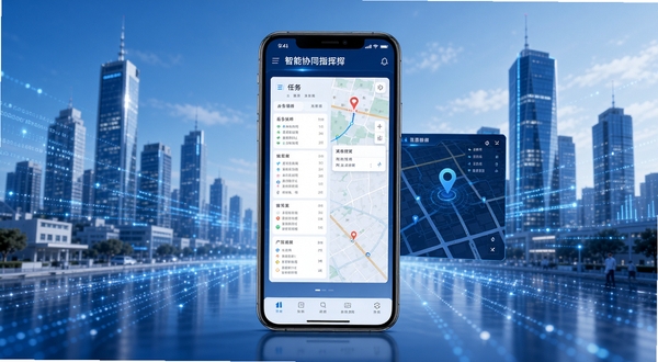 智慧协同指挥软件主界面全貌展示,画面中央为手机屏幕内呈现任务看板与地图定位模块,背景为现代城市楼宇与数据流线条,整体色调以科技蓝与白色为主,凸显智慧协同指挥的高效与专业感