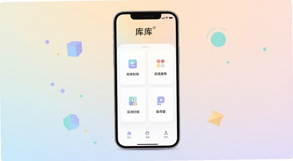 库库应用主界面展示图,画面中央是手机屏幕,屏幕上呈现库库的简洁功能面板,背景为柔和的浅色渐变,周围点缀少量几何图形,整体风格清爽现代,突出库库品牌名称