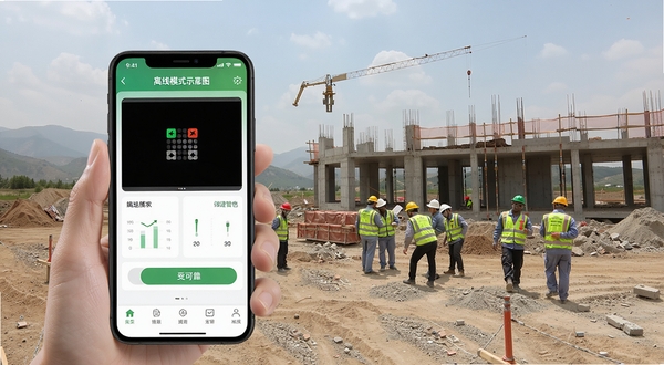 绿建管家离线模式示意图,手机显示无网络状态但应用仍可操作,背景为偏远施工现场,突出稳定可靠的产品特性