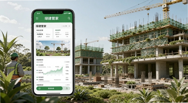 软件名称绿建管家,画面主体为一部智能手机屏幕展示绿色建筑管理界面,背景区域为现代化建筑工地与绿色植被融合的场景,整体色调清新专业,适配Boogu模型生成