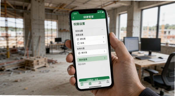 绿建管家移动端操作界面,展示权限设置与同步选项,手机屏幕特写,背景为工地办公室环境,风格写实清晰
