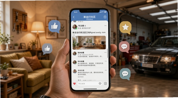 新出行社区互动页面,画面中心为手机屏幕显示车主发帖与评论区,周围环绕点赞、收藏、对话气泡图标,背景为暖色调居家与车库场景,突出真实交流氛围