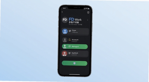 FD Work 多账户切换界面,展示管理员与普通账户的权限差异,手机屏幕居中,背景为简洁的浅蓝色渐变,界面元素清晰可辨
