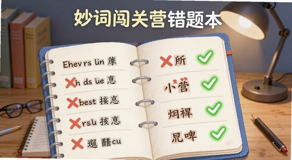 妙词闯关营错题本界面,画面展示一个虚拟笔记本,笔记本上列着英文单词和中文释义,旁边有红色的叉号和绿色的对勾,背景是书桌和台灯,营造学习氛围