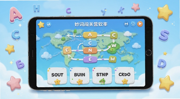 妙词闯关营软件主界面全貌,画面中央展示闯关地图和词汇卡片,背景为淡蓝色渐变,周围漂浮着英文字母和星星图标,整体风格清新活泼,适合教育类软件宣传图